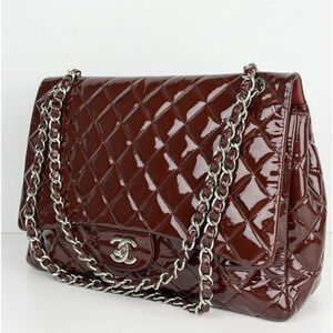Chanel Maxi Classic Single Flap Bag Burgundy Quilted Patent Leather 2009-2010 D8
